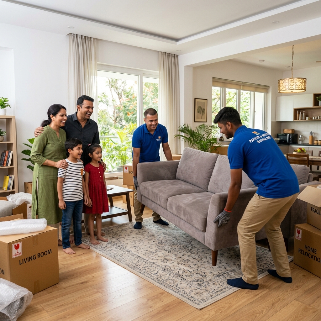 Happy Bangalore family watching movers place their sofa in new home